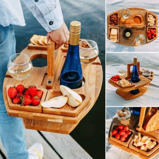 image-Cross-border independent station wooden fruit plate integrated wine plate outdoor picnic portable out hanging wine glass