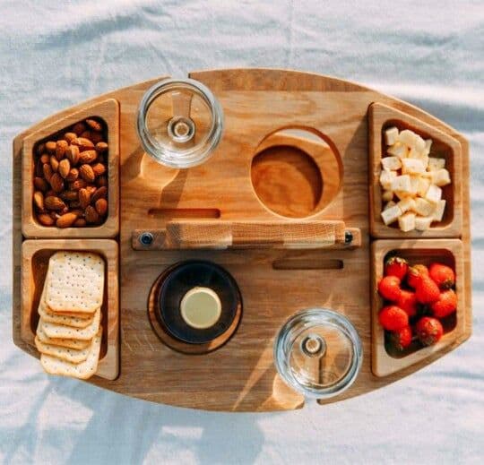 image-Cross-border independent station wooden fruit plate integrated wine plate outdoor picnic portable out hanging wine glass