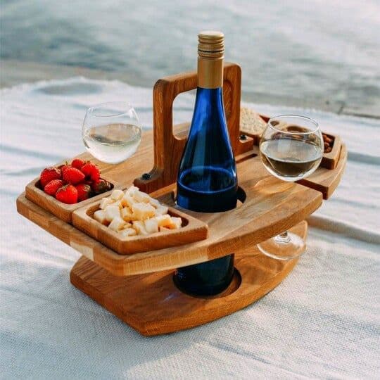 image-Cross-border independent station wooden fruit plate integrated wine plate outdoor picnic portable out hanging wine glass