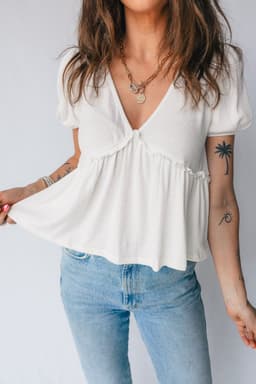 image-White Textured Knit V Neck Short Bubble Sleeve Peplum Top