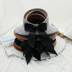 image-2022 new summer hat women's sun hat empty top straw hat big brim bow foldable beach hat sun protection hat