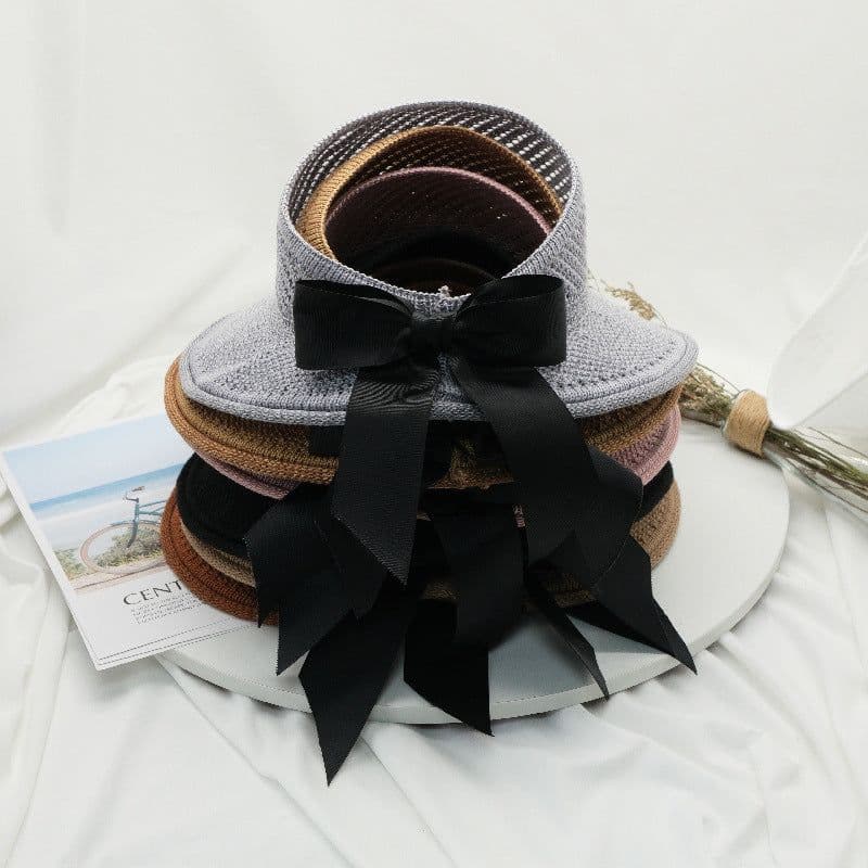 image-2022 new summer hat women's sun hat empty top straw hat big brim bow foldable beach hat sun protection hat