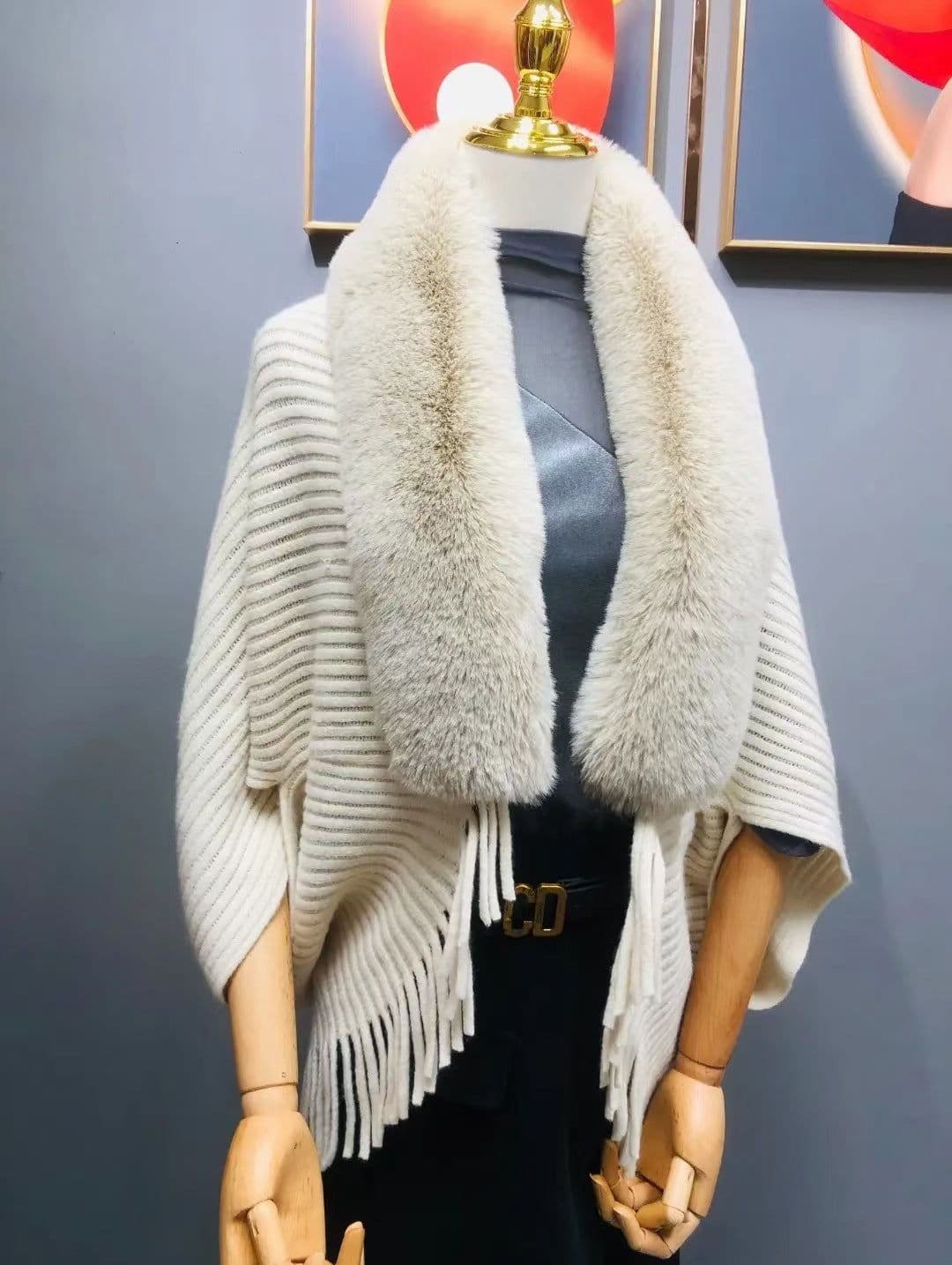 image-Autumn and winter new knitted shawl Rex rabbit fur collar warm tassel cheongsam with knitted cardigan