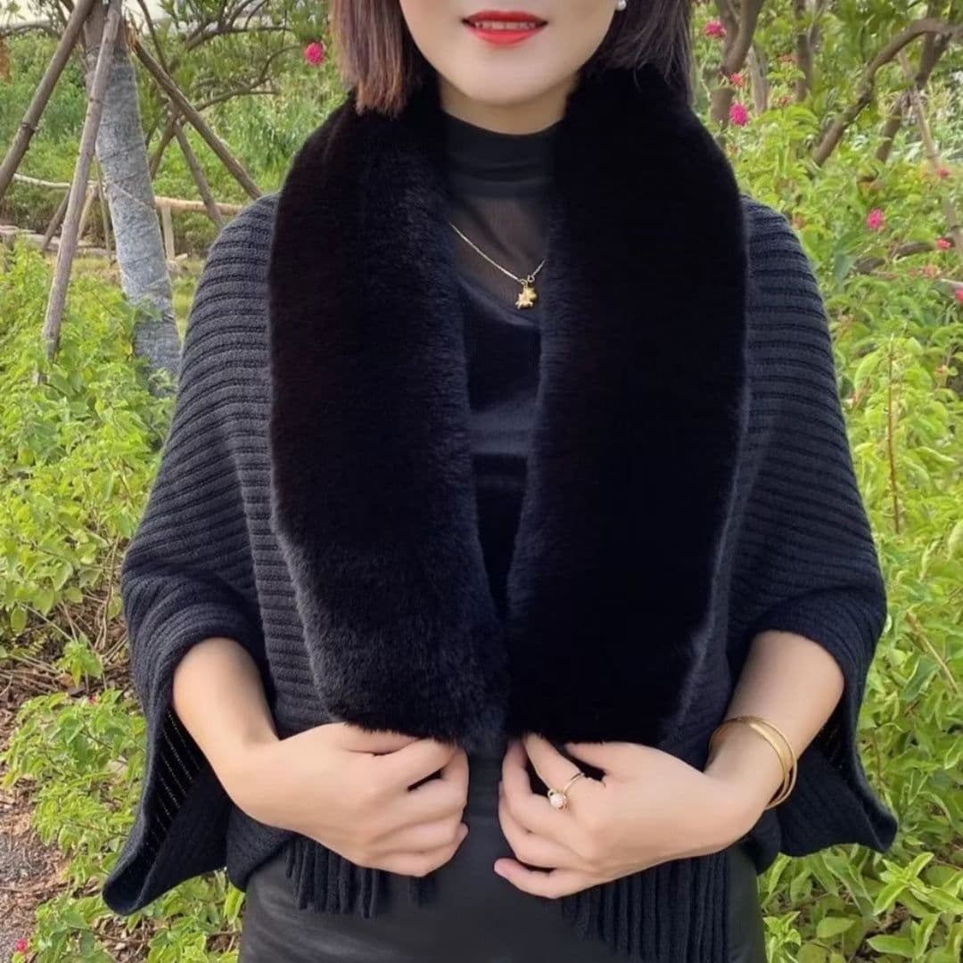 image-Autumn and winter new knitted shawl Rex rabbit fur collar warm tassel cheongsam with knitted cardigan
