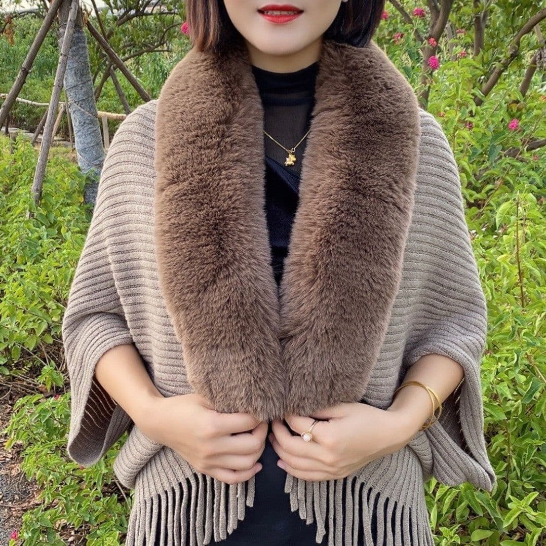 image-Autumn and winter new knitted shawl Rex rabbit fur collar warm tassel cheongsam with knitted cardigan