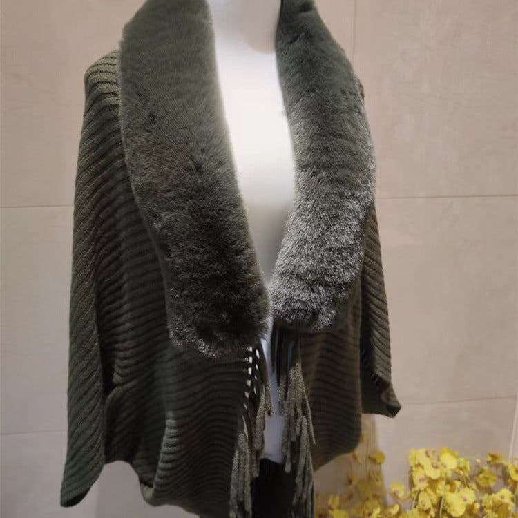 image-Autumn and winter new knitted shawl Rex rabbit fur collar warm tassel cheongsam with knitted cardigan