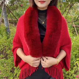image-Autumn and winter new knitted shawl Rex rabbit fur collar warm tassel cheongsam with knitted cardigan