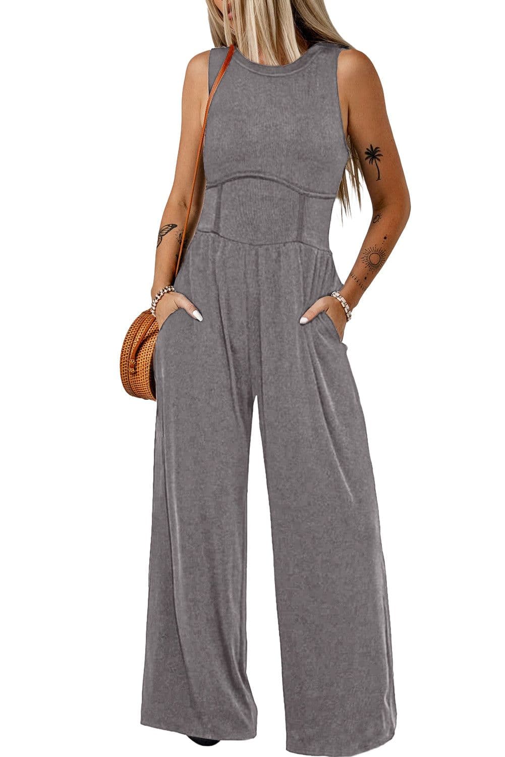 image-Black Cinched Waist Sleeveless Wide Leg Jumpsuit