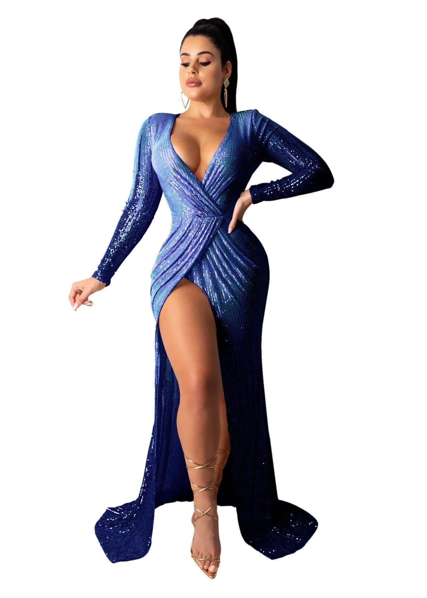 image-European and American dress sexy elegant long-sleeved high split nightclub dress Amazon bandage dress