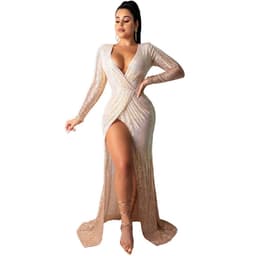 image-European and American dress sexy elegant long-sleeved high split nightclub dress Amazon bandage dress