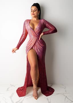 image-European and American dress sexy elegant long-sleeved high split nightclub dress Amazon bandage dress