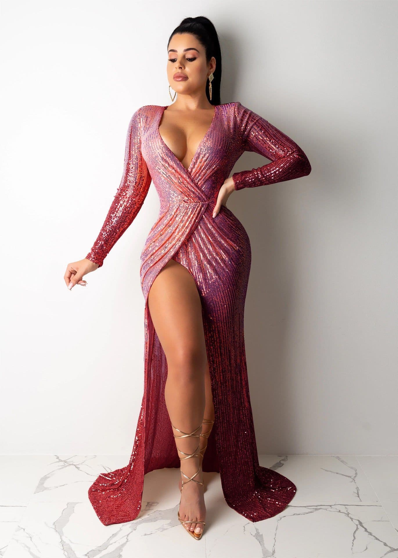 image-European and American dress sexy elegant long-sleeved high split nightclub dress Amazon bandage dress