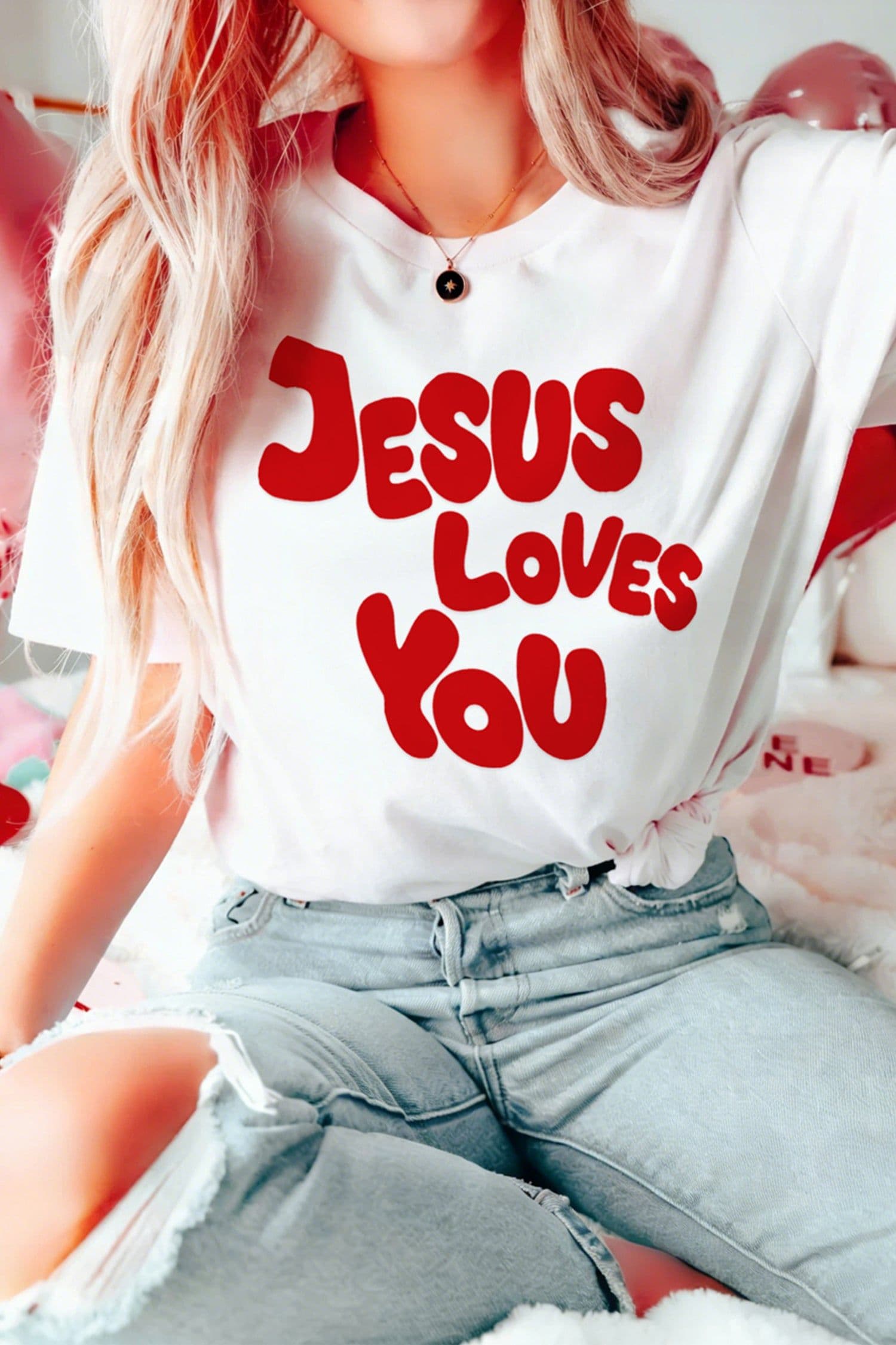 image-Jesus Loves You Graphic Tee - White Cotton Blend Casual T-Shirt