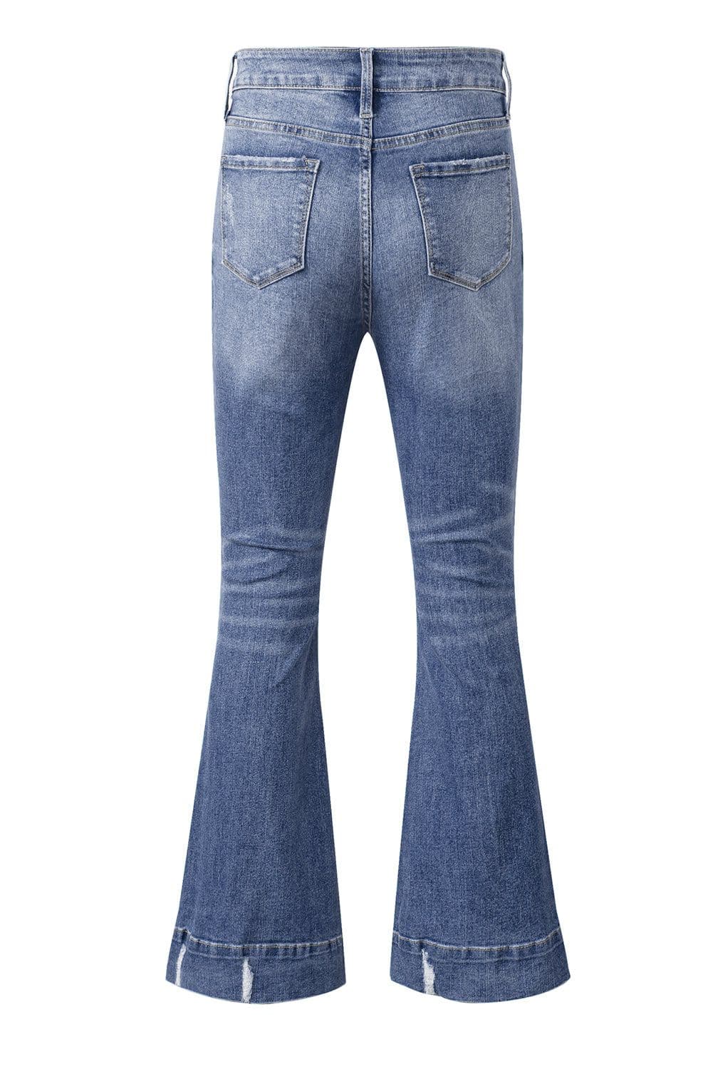 image-Sky Blue Distressed Medium Wash Flare Jeans (65 characters)