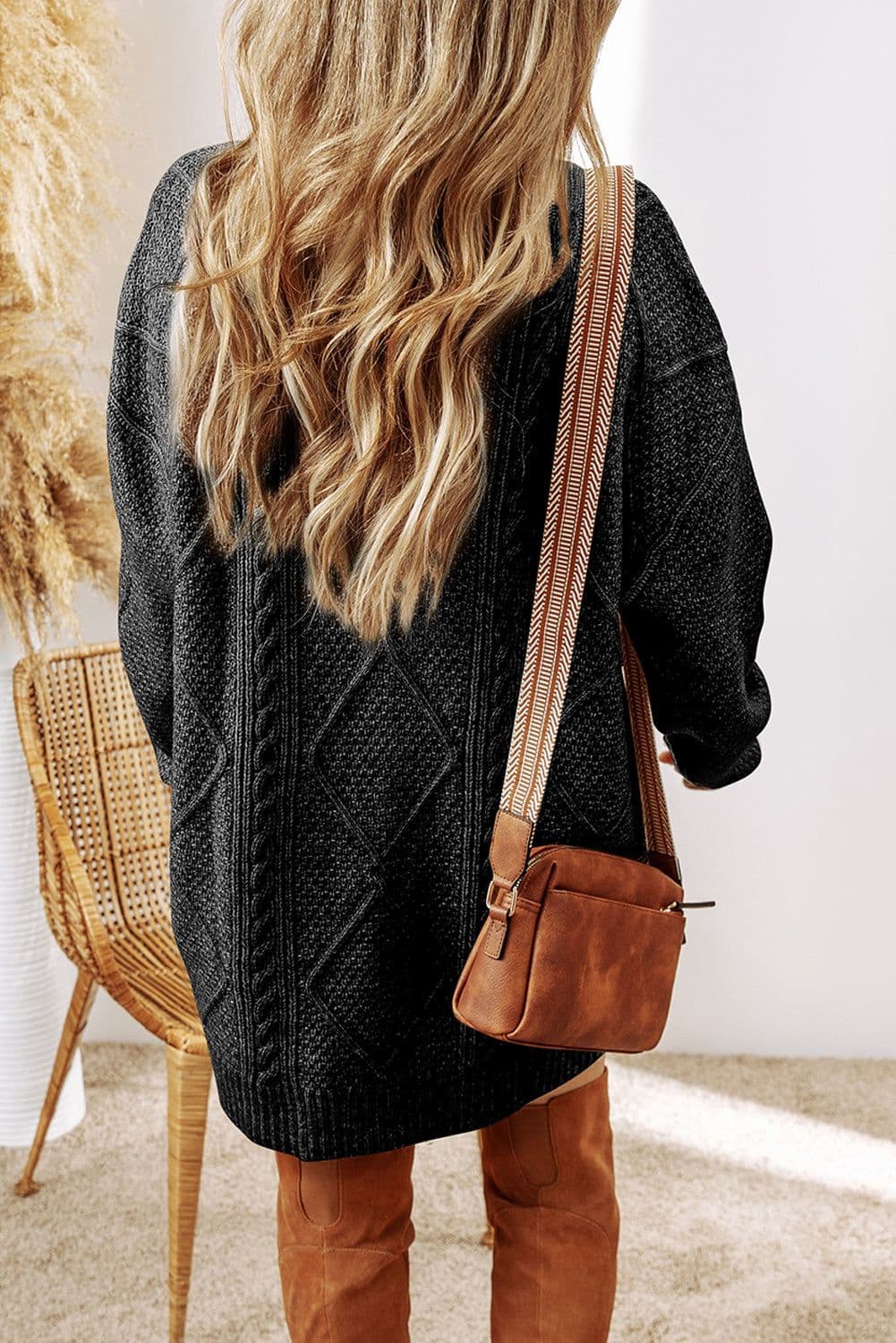 image-Oatmeal Cable Knit Drop Shoulder Loose Fit Sweater Dress