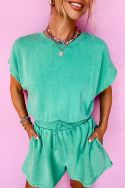image-Sea Green Mineral Wash Drawstring Elastic Waistband Hollow Out Back Short Sleeve Romper
