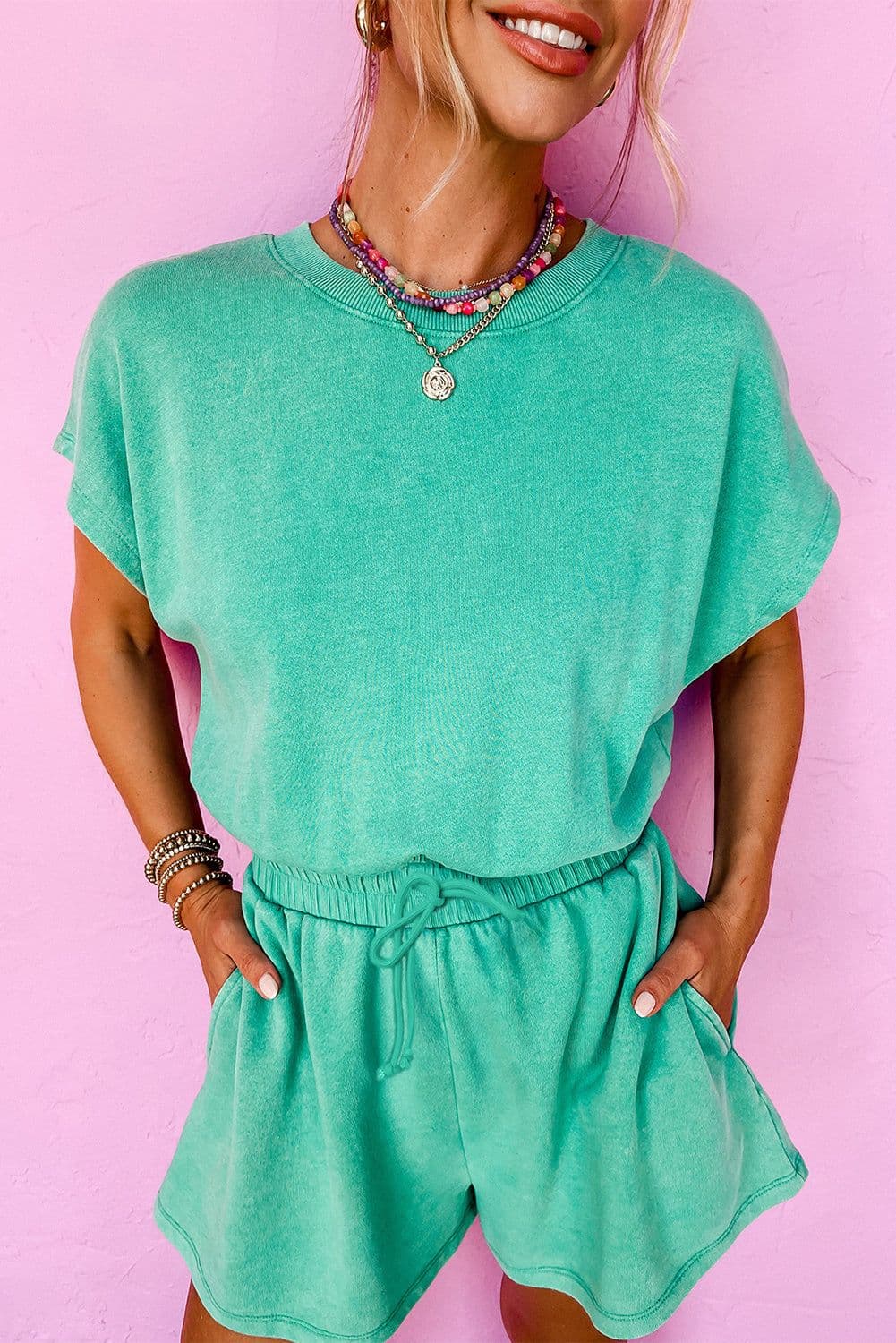 image-Sea Green Mineral Wash Drawstring Elastic Waistband Hollow Out Back Short Sleeve Romper