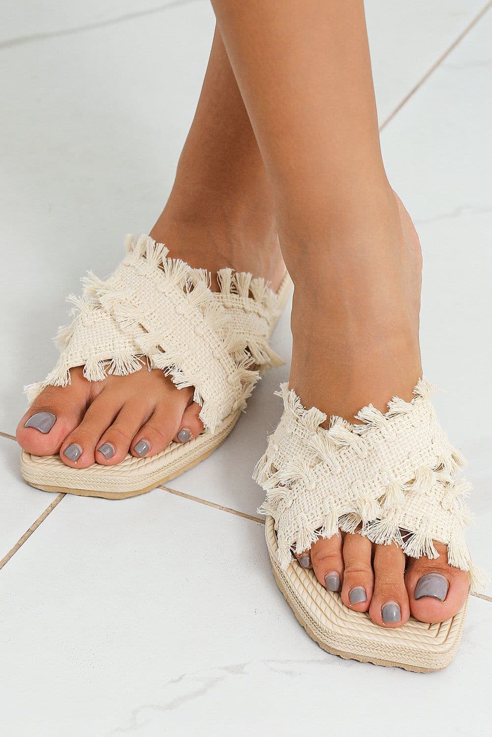 image-Woven Tassel Flat Slippers - Beige Crossed Straps