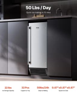 image-VEVOR Undercounter Built-in Ice Maker, 50 Lbs/Day Under Counter Ice Maker Machine with Drain Pump Reversible Door Stainless Steel, Freestanding Ice Maker for Commercial Home Kitchen