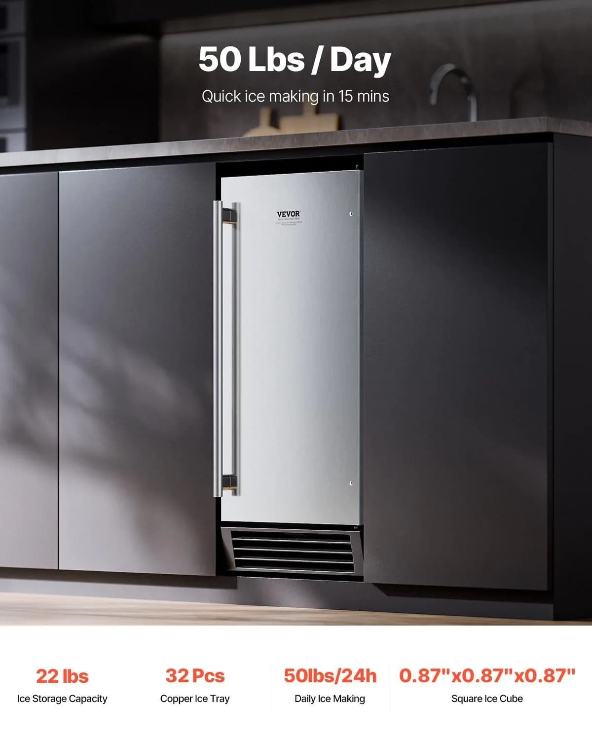 image-VEVOR Undercounter Built-in Ice Maker, 50 Lbs/Day Under Counter Ice Maker Machine with Drain Pump Reversible Door Stainless Steel, Freestanding Ice Maker for Commercial Home Kitchen