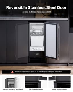 image-VEVOR Undercounter Built-in Ice Maker, 50 Lbs/Day Under Counter Ice Maker Machine with Drain Pump Reversible Door Stainless Steel, Freestanding Ice Maker for Commercial Home Kitchen
