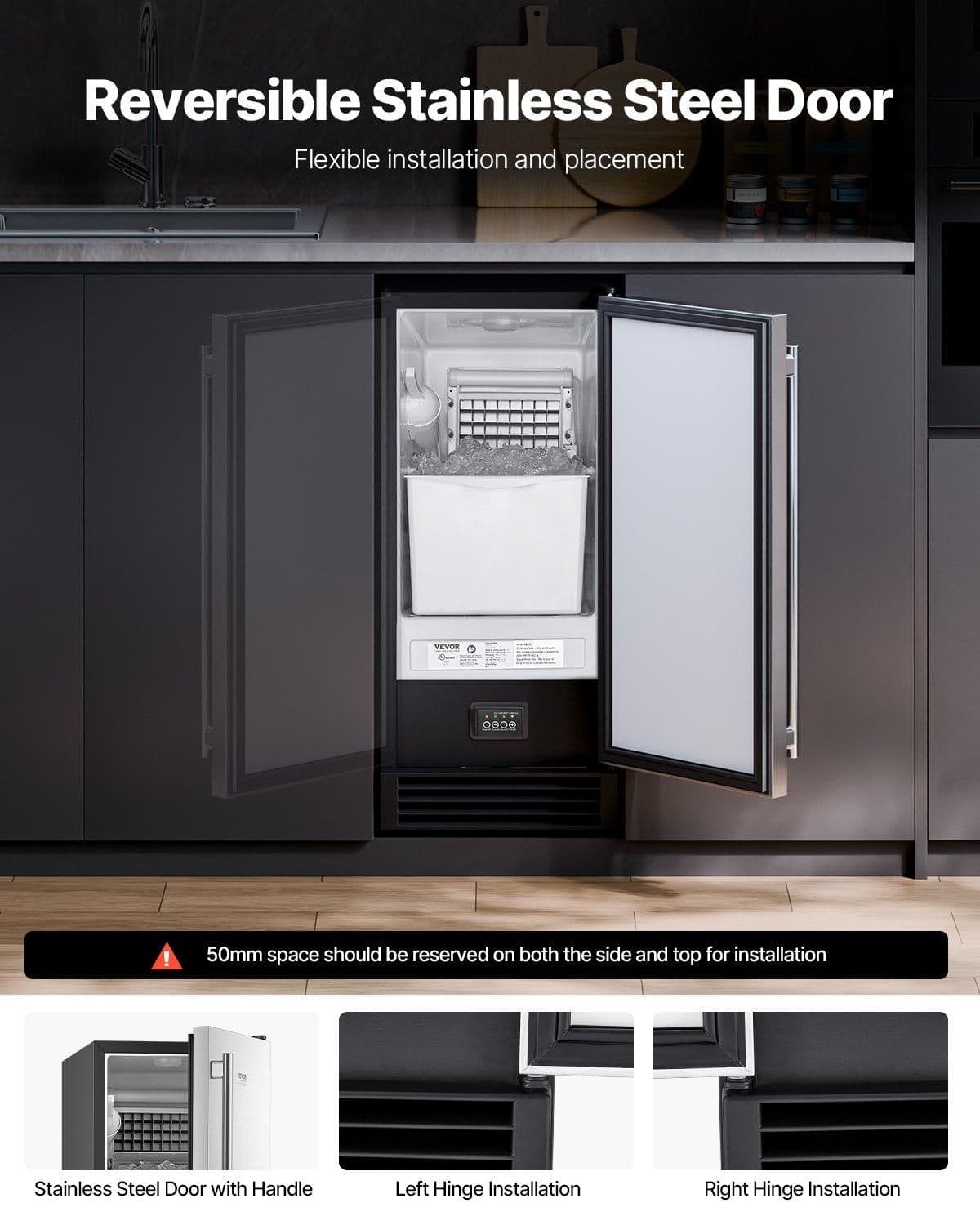 image-VEVOR Undercounter Built-in Ice Maker, 50 Lbs/Day Under Counter Ice Maker Machine with Drain Pump Reversible Door Stainless Steel, Freestanding Ice Maker for Commercial Home Kitchen