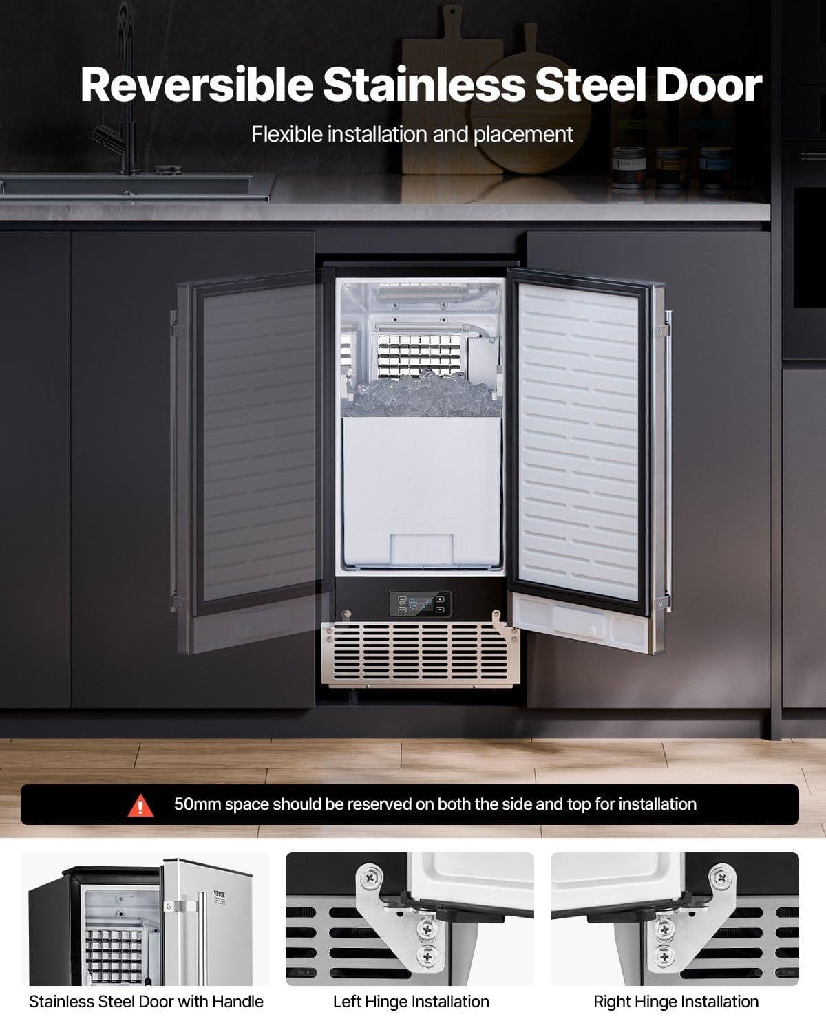 image-VEVOR Undercounter Built-in Ice Maker, 80 Lbs/Day Under Counter Ice Maker Machine with Reversible Door Stainless Steel, Freestanding Ice Maker for Commercial Home Kitchen, Electric Drainage