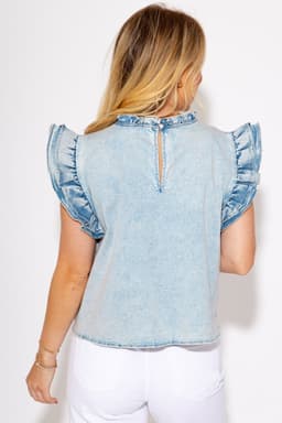 image-Beau Blue Ruffle Pleated Detail Vintage Washed Denim Top