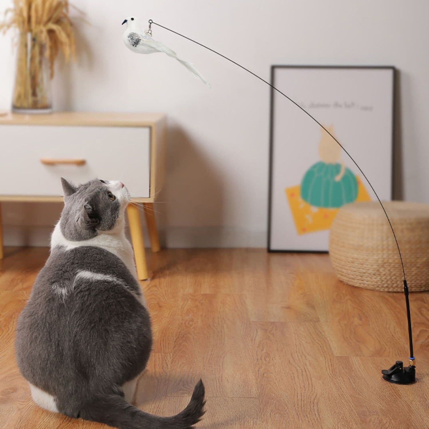image-Bird Feather Automatic Cat Flirting Stick Long Rod Cat Bell Suction Cup Cat Toy Durable Cat Supplies Self-Enjoyment and Relief from Boredom