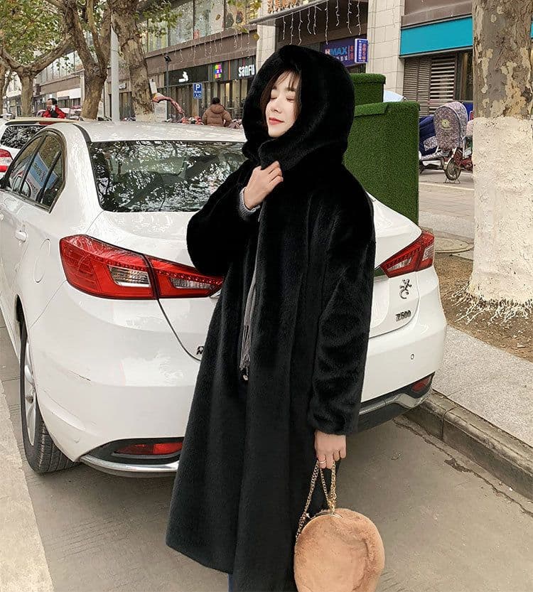 image-Autumn and winter thickened imitation rabbit fur long hooded loose over-the-knee coat for women plush coat imitation fur loose