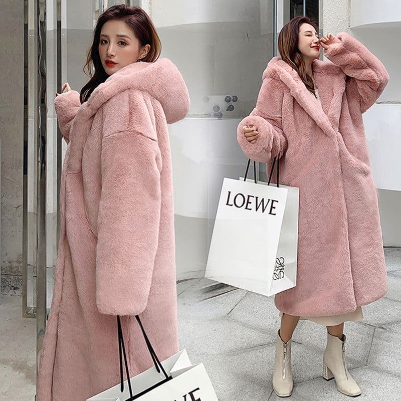 image-Autumn and winter thickened imitation rabbit fur long hooded loose over-the-knee coat for women plush coat imitation fur loose