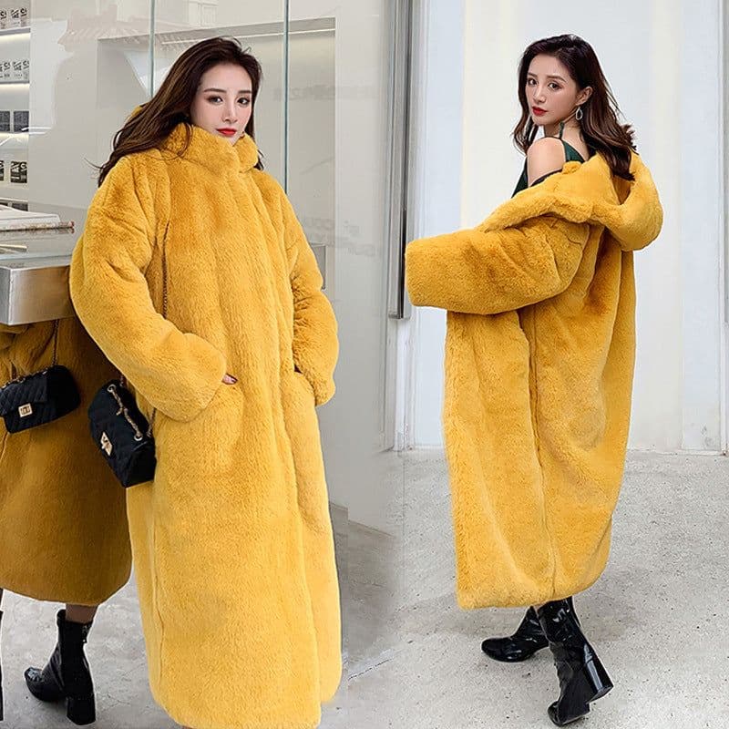 image-Autumn and winter thickened imitation rabbit fur long hooded loose over-the-knee coat for women plush coat imitation fur loose