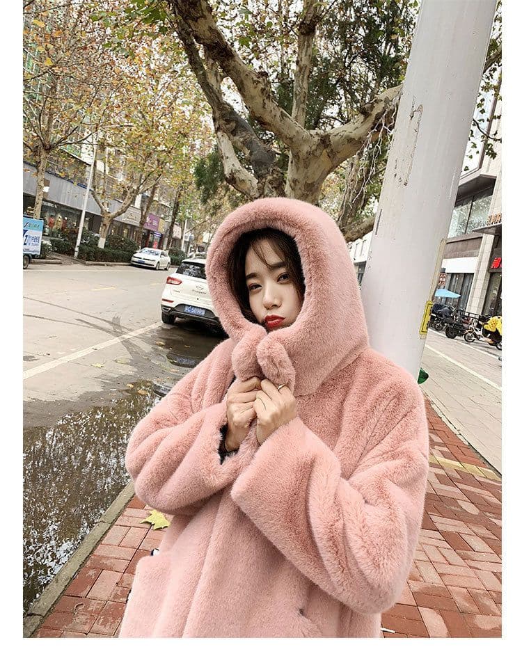 image-Autumn and winter thickened imitation rabbit fur long hooded loose over-the-knee coat for women plush coat imitation fur loose