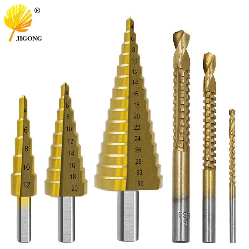 image-High-speed steel 4241 titanium-plated step drill set triangular handle drill bit 6pcs pagoda drill woodworking slot saw drill set