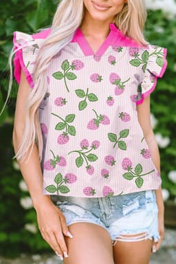 image-Pink Striped Strawberry Blouse - V Neck Flutter Sleeve