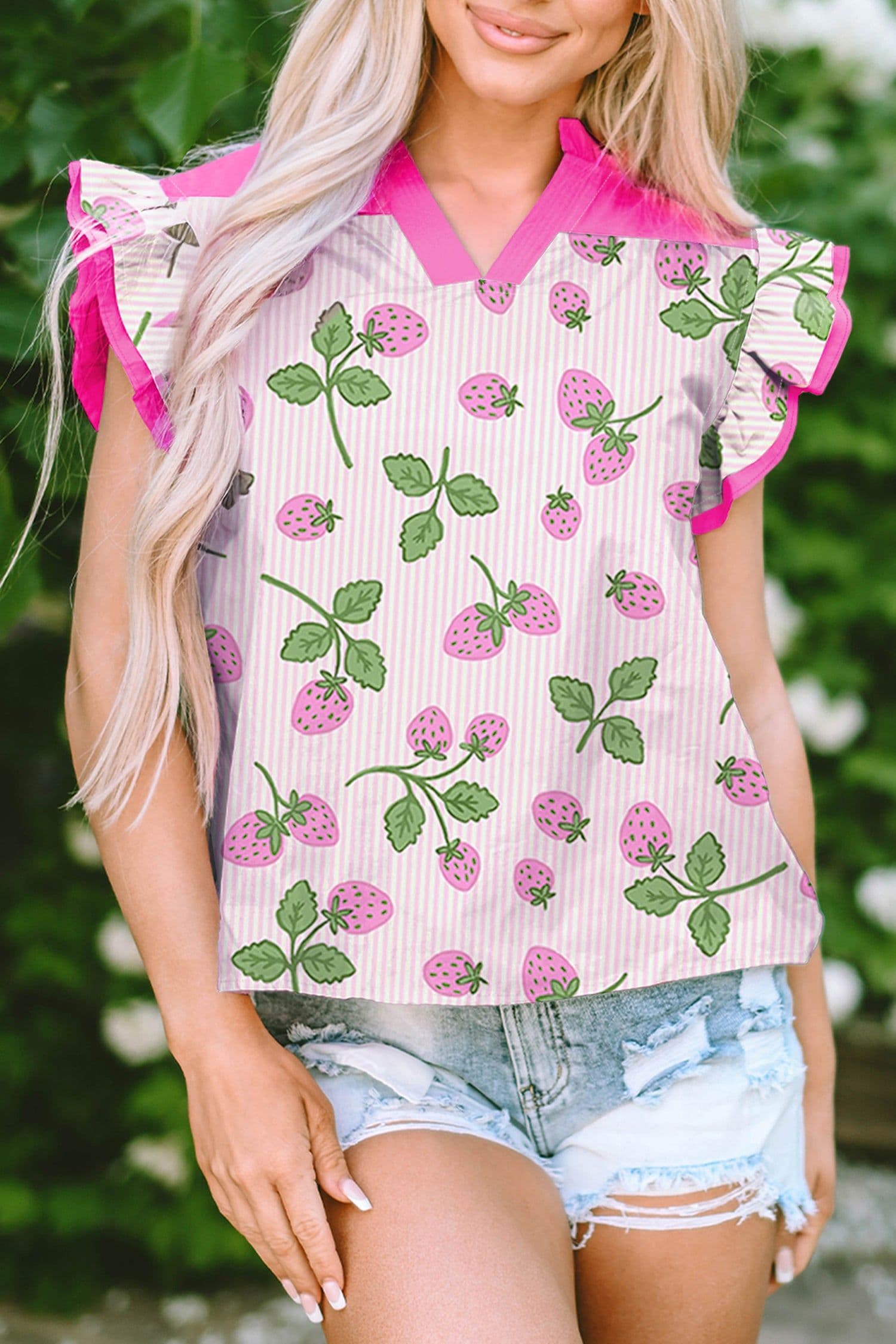 image-Pink Striped Strawberry Blouse - V Neck Flutter Sleeve