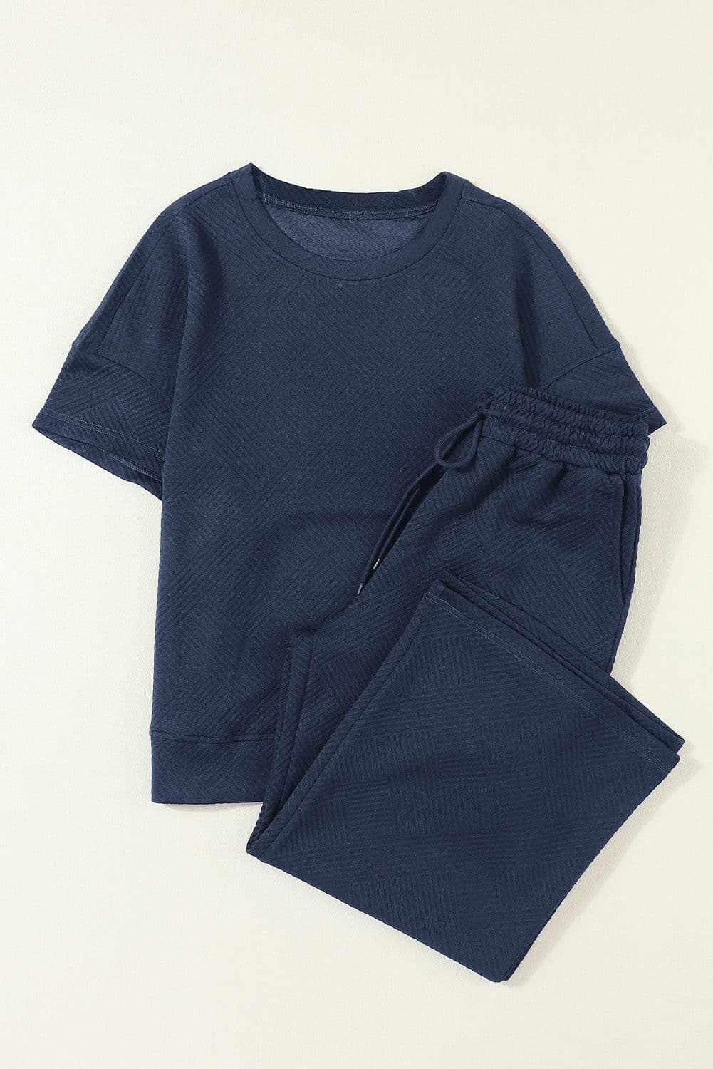 image-Strawberry Pink Textured Loose Fit T Shirt and Drawstring Pants Set