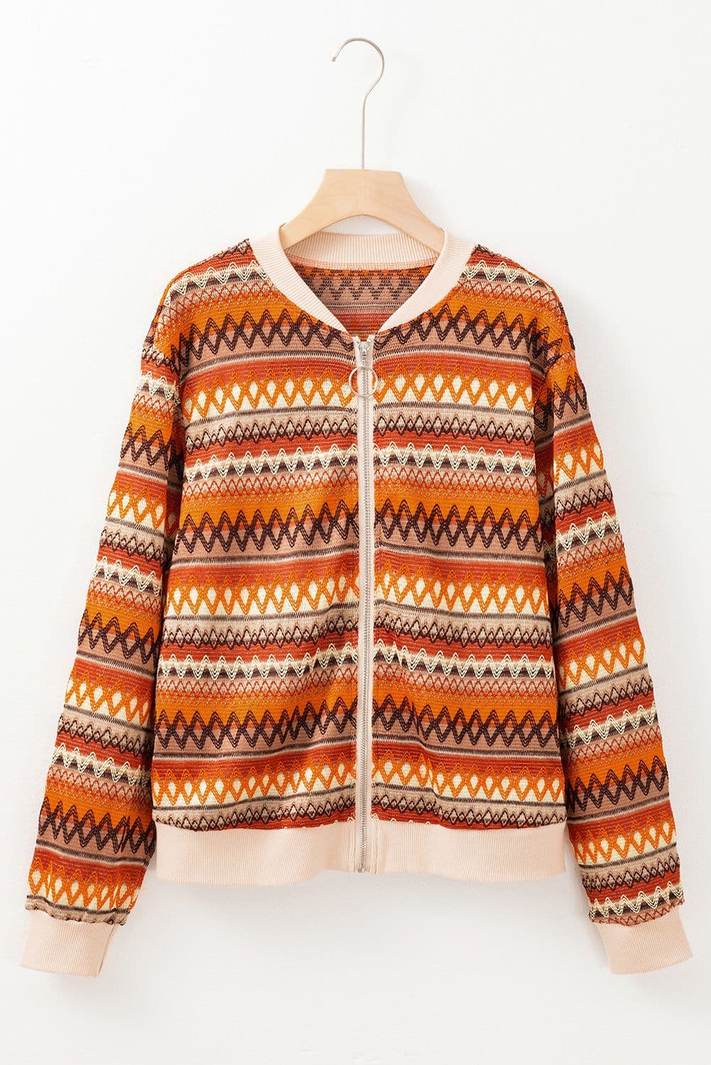 image-Boho Striped Zip Up Long Sleeve Jacket - Orange
