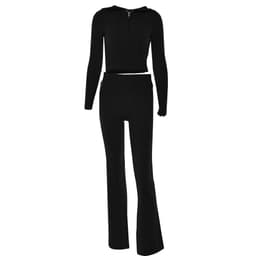 image-European and American cross-border 2023 new knitted hooded suit women's fashionable and sexy high-waisted long-sleeved trousers two-piece set