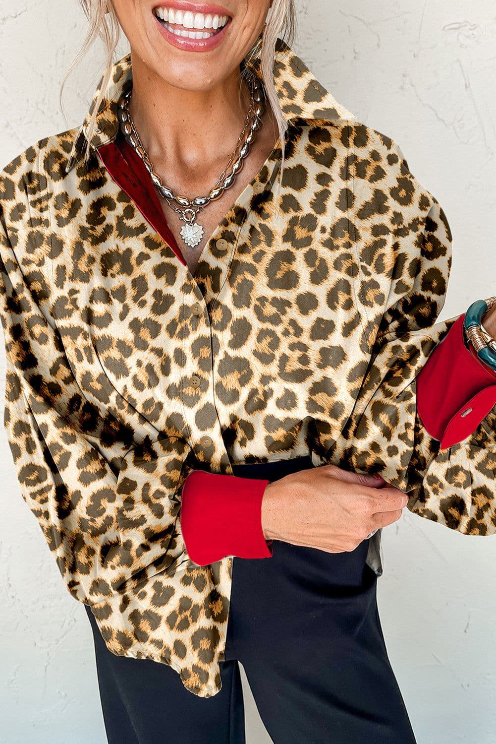image-Khaki Leopard Print Shirt - Red Contrast Edge