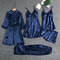 image-Pajamas for women summer ice silk sexy hot adult spring and autumn long-sleeved thin women's nightgown five-piece set multi-color