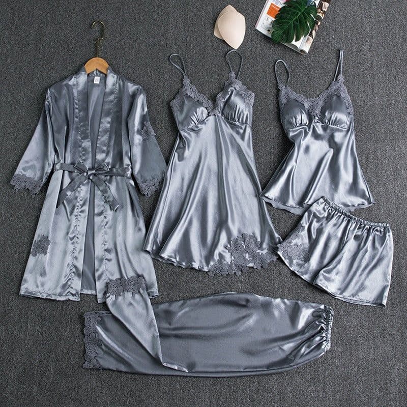 image-Pajamas for women summer ice silk sexy hot adult spring and autumn long-sleeved thin women's nightgown five-piece set multi-color