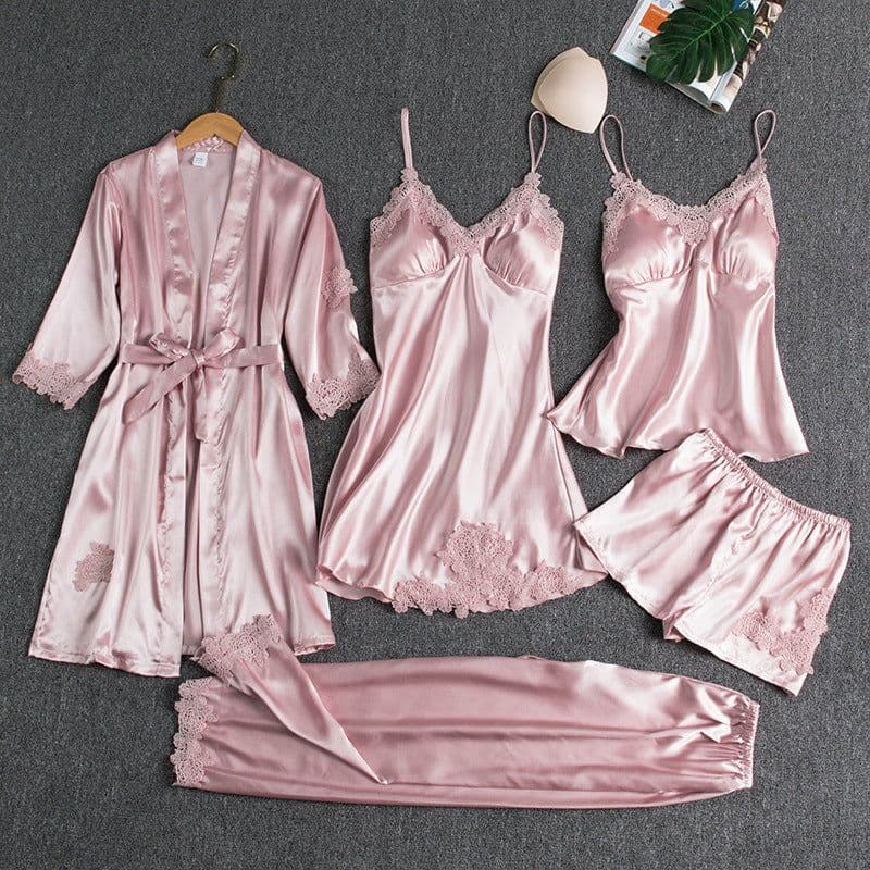image-Pajamas for women summer ice silk sexy hot adult spring and autumn long-sleeved thin women's nightgown five-piece set multi-color