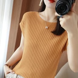 image-Ice silk knitted sweater women's loose short-sleeved thin t-shirt 2023 summer new inner top with one word collar thin outer wear