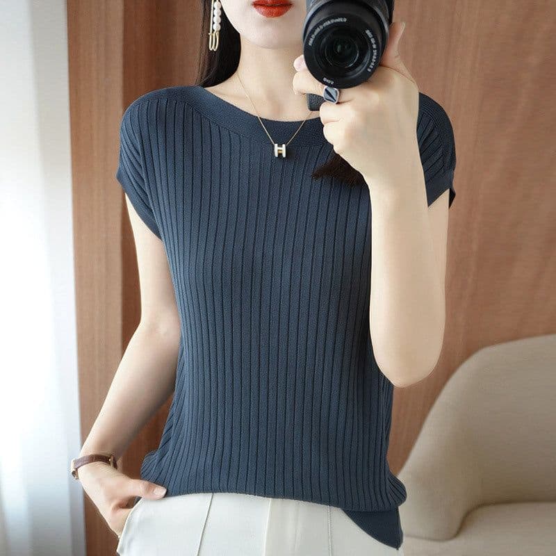 image-Ice silk knitted sweater women's loose short-sleeved thin t-shirt 2023 summer new inner top with one word collar thin outer wear