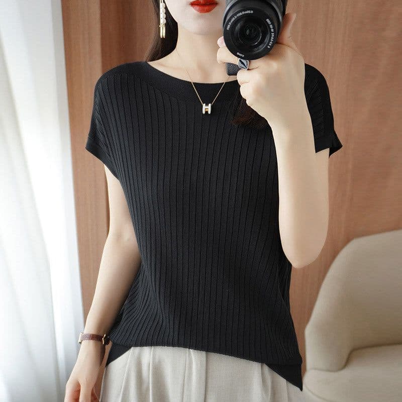 image-Ice silk knitted sweater women's loose short-sleeved thin t-shirt 2023 summer new inner top with one word collar thin outer wear