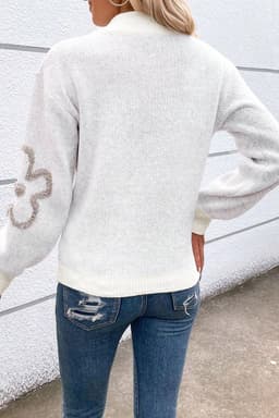 image-Contrast Flower Half-Zipper Sweater - White Stand Neck (63 characters)