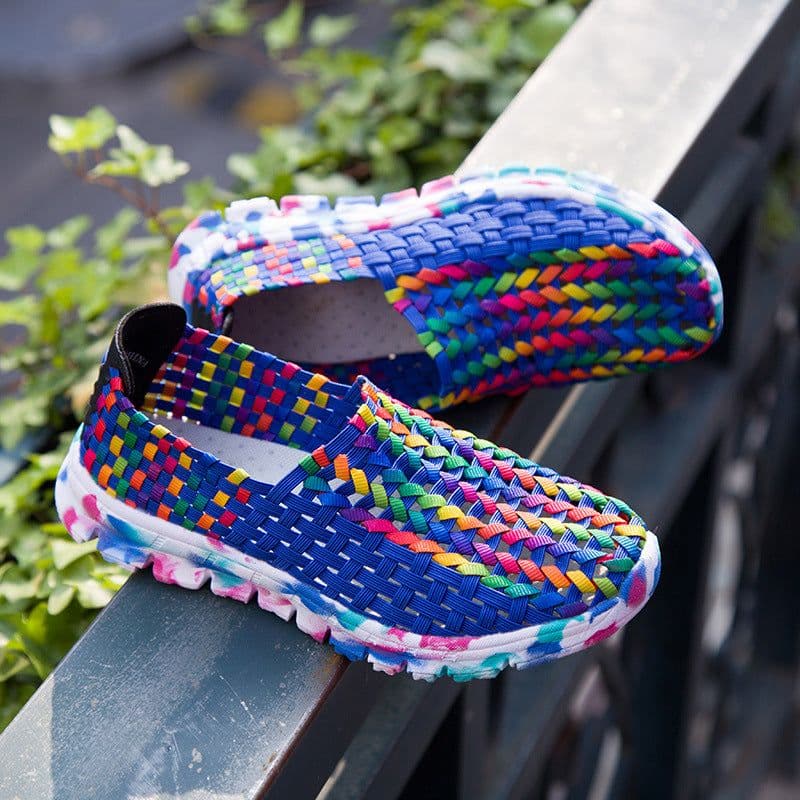 image-Personalized colorful mesh hand-knitted shoes, elastic band sneakers, slip-on slip-ons, flat casual shoes for women