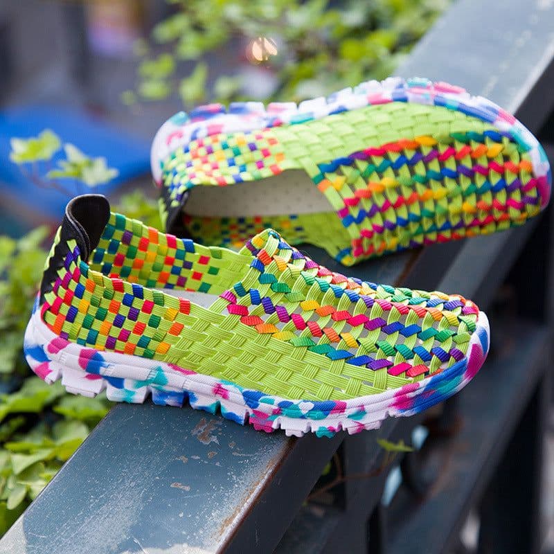 image-Personalized colorful mesh hand-knitted shoes, elastic band sneakers, slip-on slip-ons, flat casual shoes for women