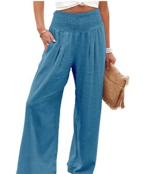 image-Cross-Border Independent Station Amazon 2023 Spring and Summer Women's Clothing Cotton Linen Pure Color Elastic Waist Wide Leg Pants Casual Pants Trousers